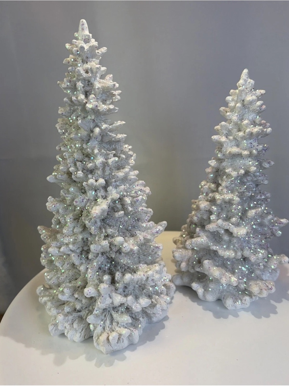 Set of 2 Dept 56 Silver Glitter Christmas Pine Trees Multi Colored 56.45641